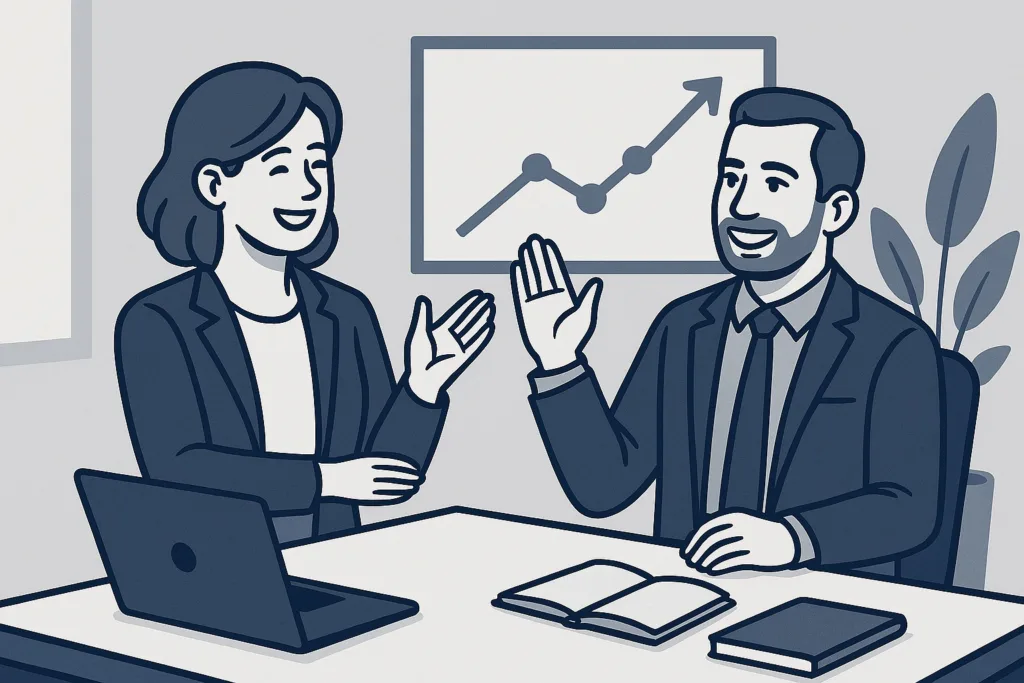 Two business professionals collaborating at a desk, confidently discussing progress as an upward trend chart appears in the background, symbolizing clarity and positive change when IT concerns are resolved.